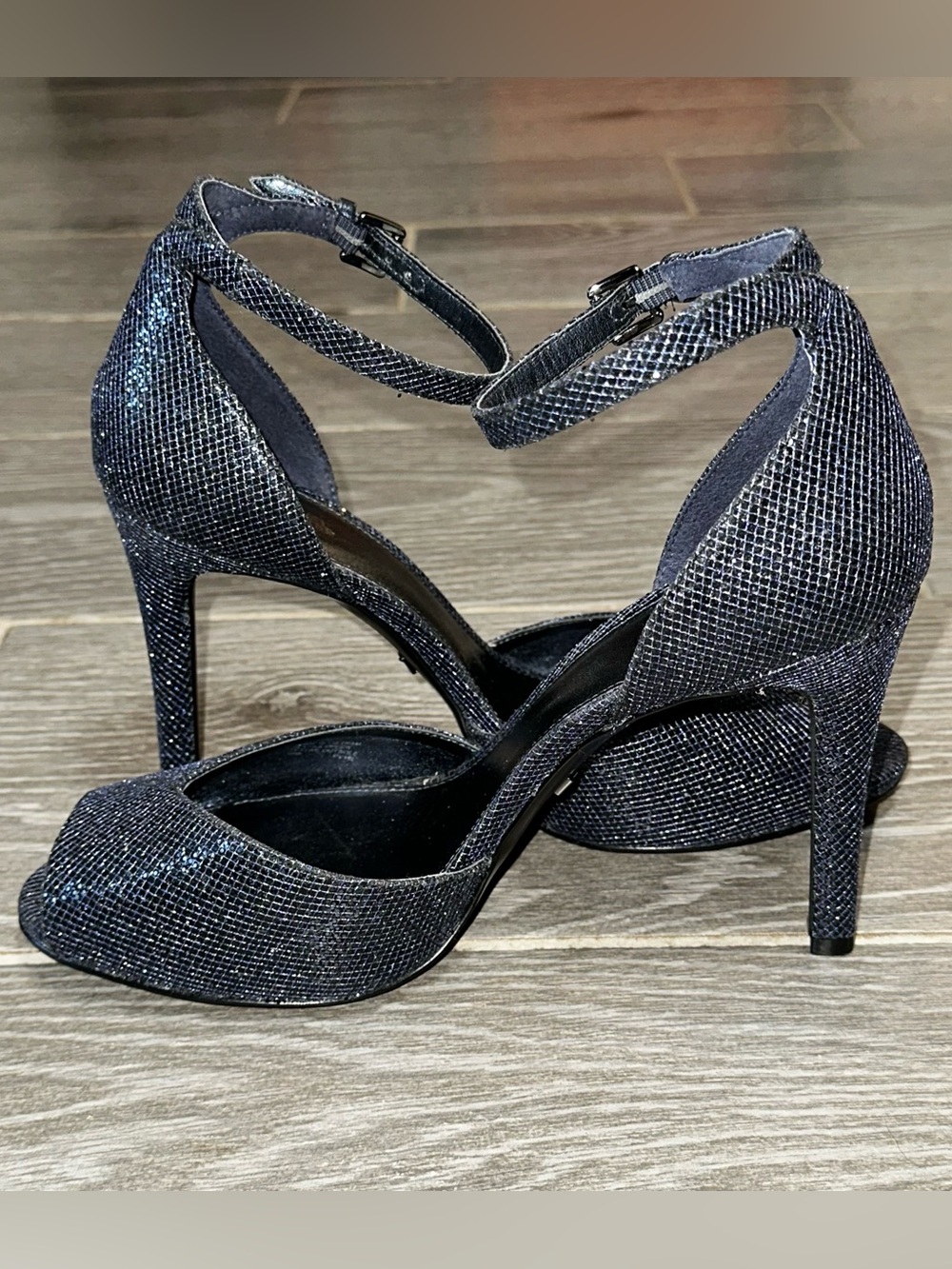 Michael Kors Cambria Open Toe Ankle Strap Metallic Heels Navy Womens 10M Glitter - Picture 4 of 10